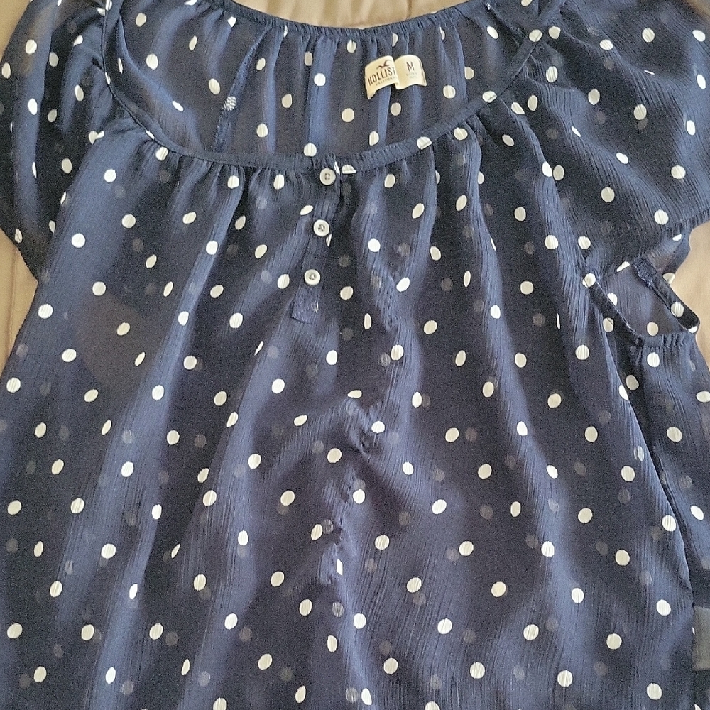 Hollister Navy Blouse with White Polka Dots